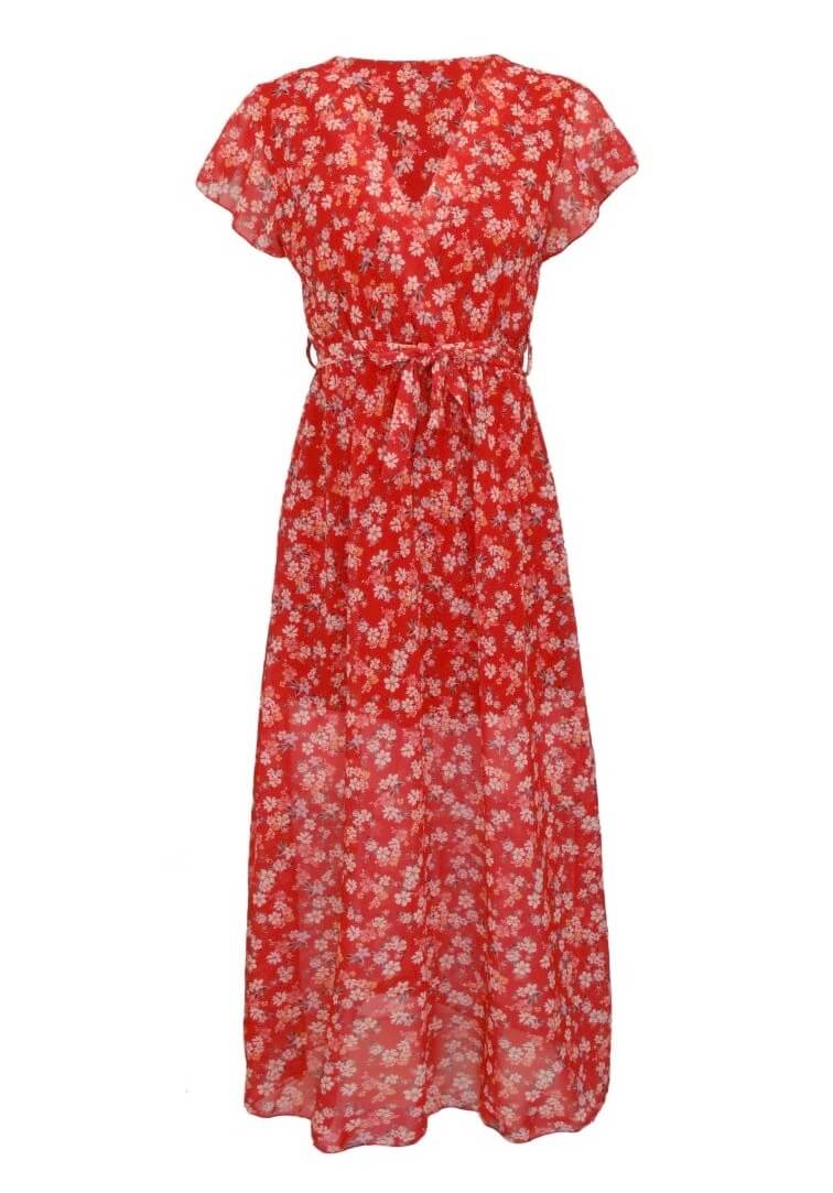 Dámské dlouhé šifonové letní šaty s drobnými květy - červené - vel. UNI