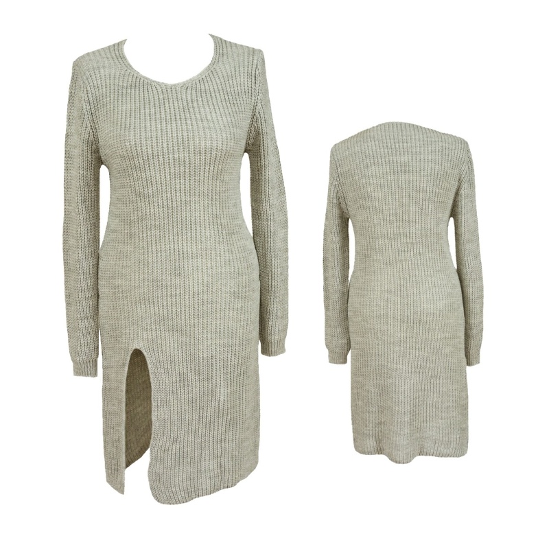 Dámský prodloužený svetr / úpletové šaty s rozparkem - světle šedý - vel. UNI