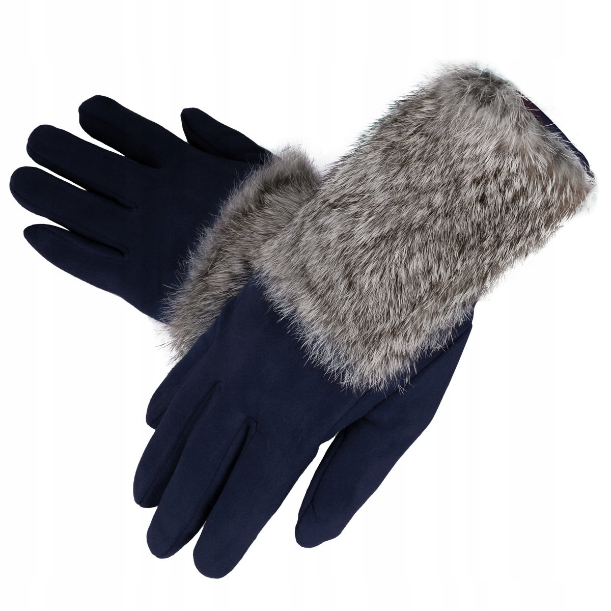 Elegantní dotykové dámské zimní rukavice s kožešinou - tmavě modré - vel. UNI