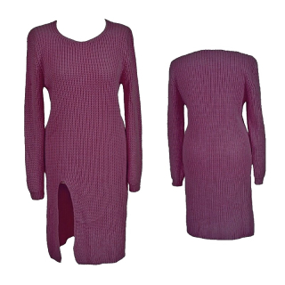 Dámský prodloužený svetr / úpletové šaty s rozparkem - vínový - vel. UNI