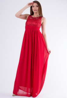 Dámské dlouhé plesové šaty u dekoltu s krajkou - červené - vel. M